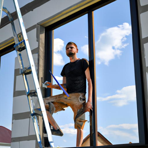 תמונה של פועל בניין עומד על סולם ומתקין חלון בבית חדש שנבנה